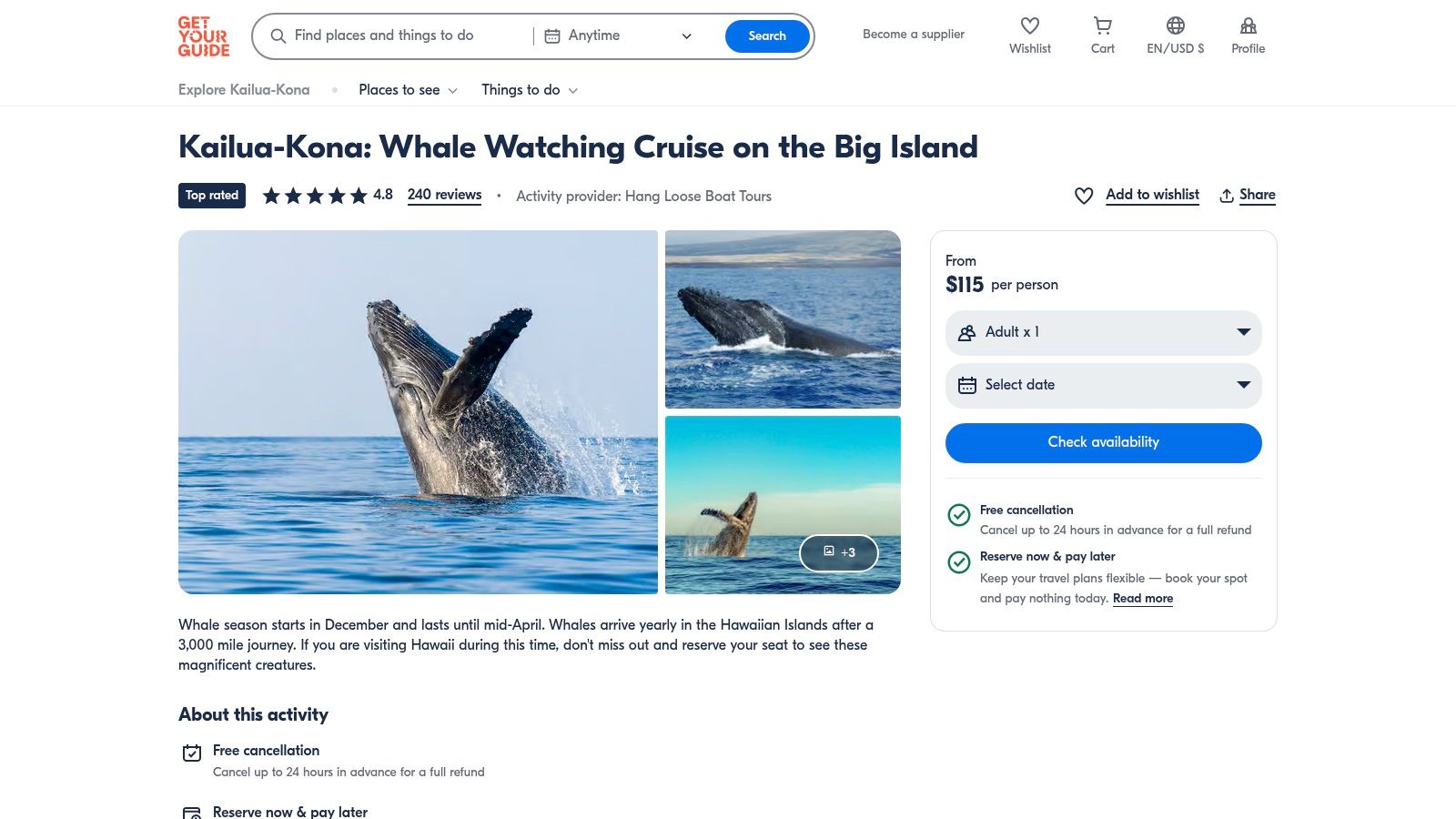 GetYourGuide — Big Island/Kailua‑Kona Whale‑Watching Listings