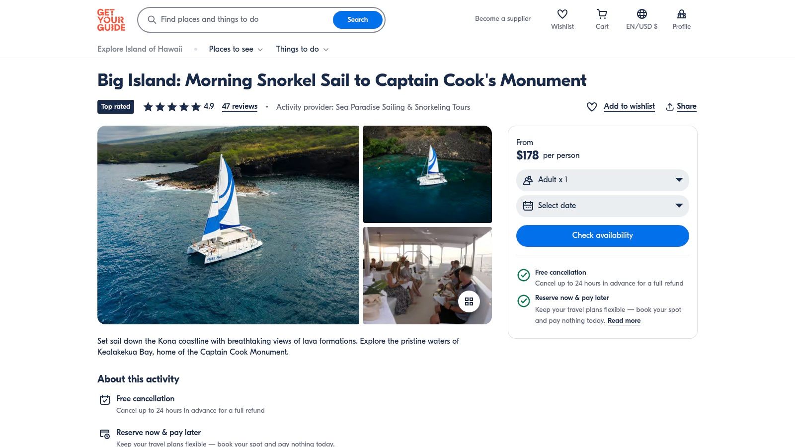 GetYourGuide — Captain Cook Monument Snorkel Sail (Sea Paradise provider)