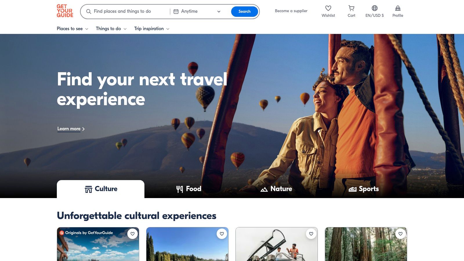 GetYourGuide website showing tour options