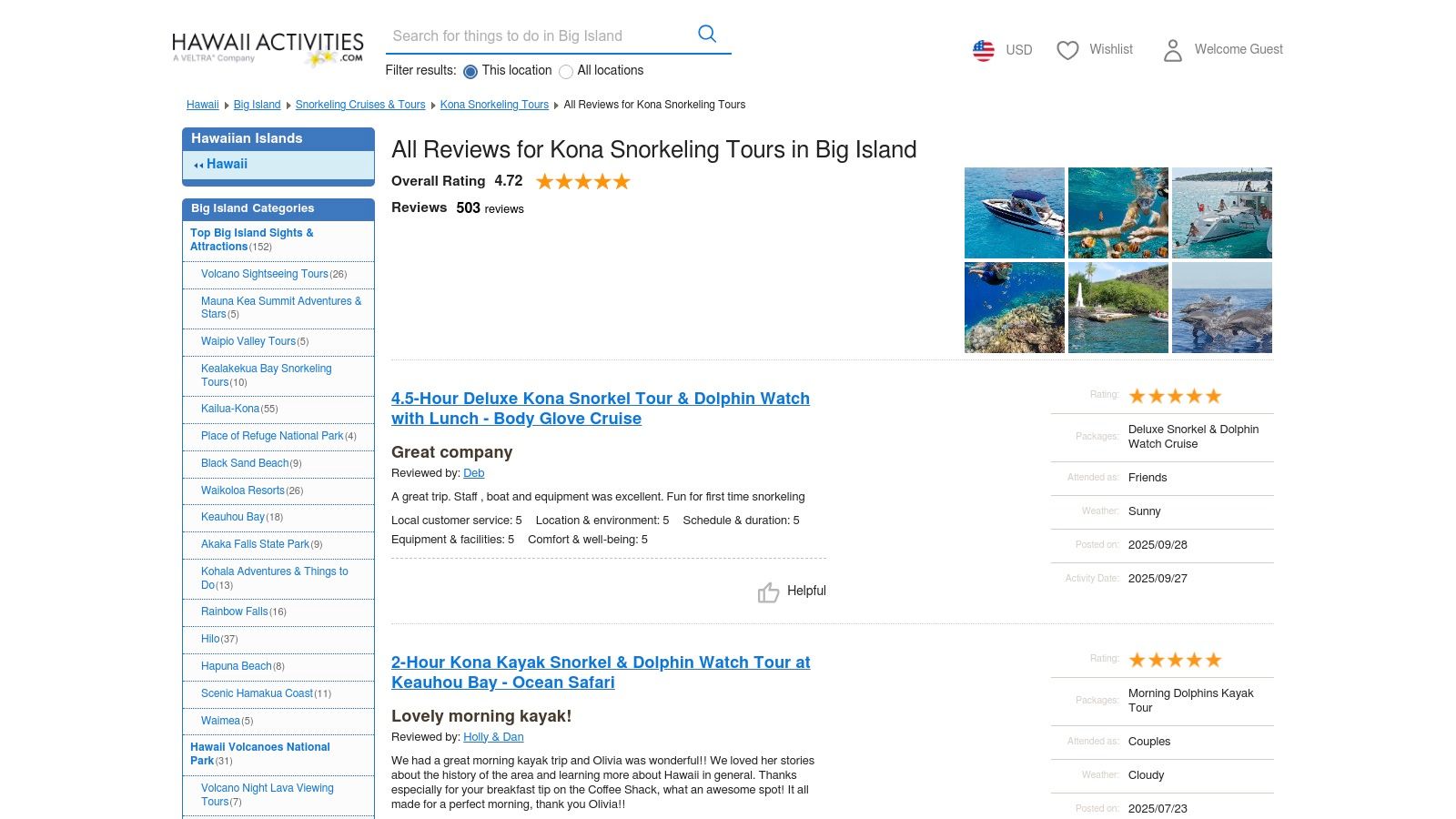 A user browsing Kona snorkel tour reviews on the HawaiiActivities.com website, showcasing its specialized interface.