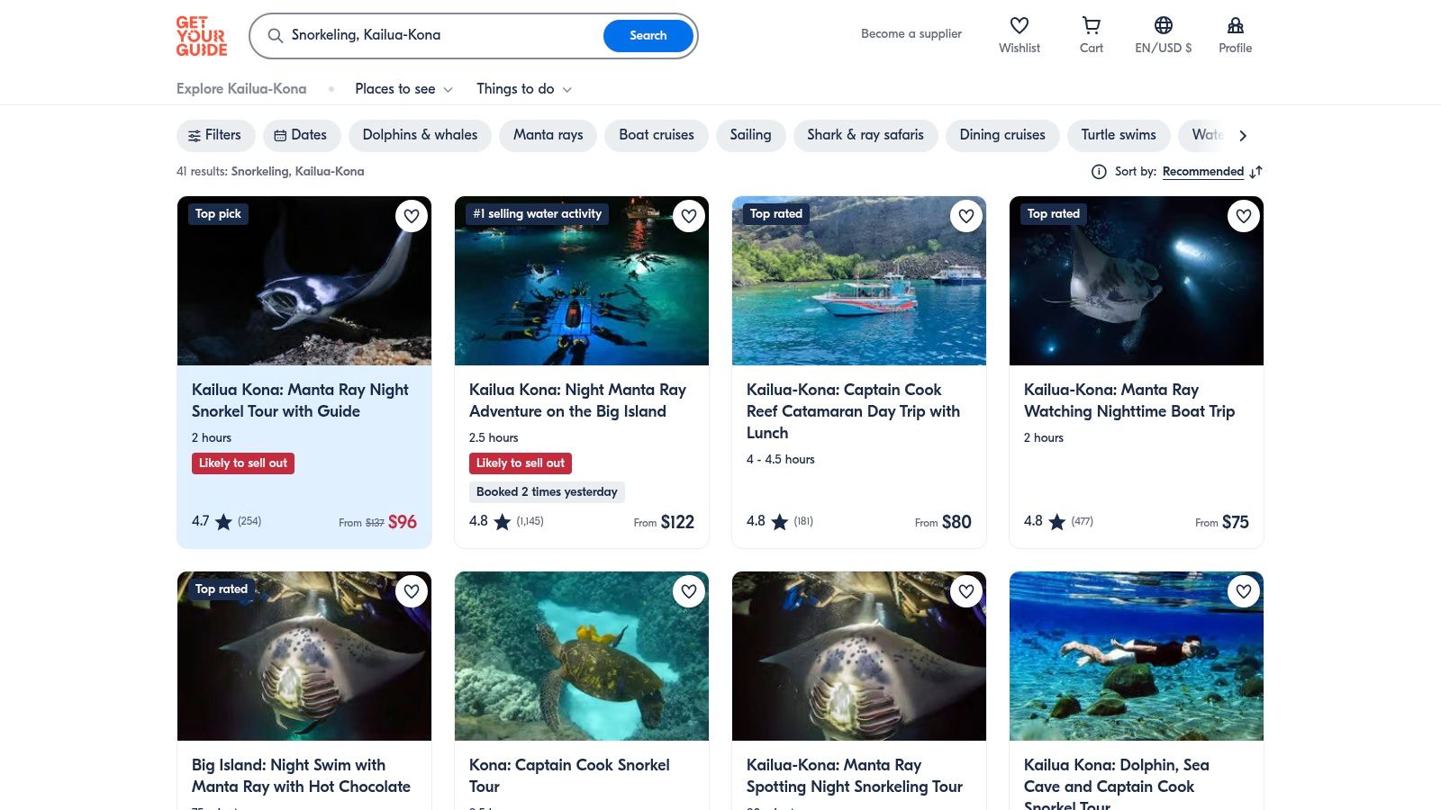 The user-friendly interface of GetYourGuide, showing a Kona snorkeling tour option.