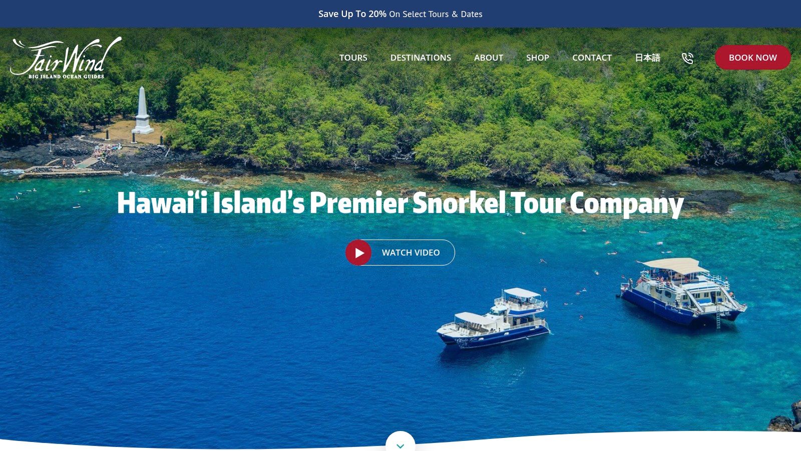 Fair Wind Cruises website interface showing catamaran