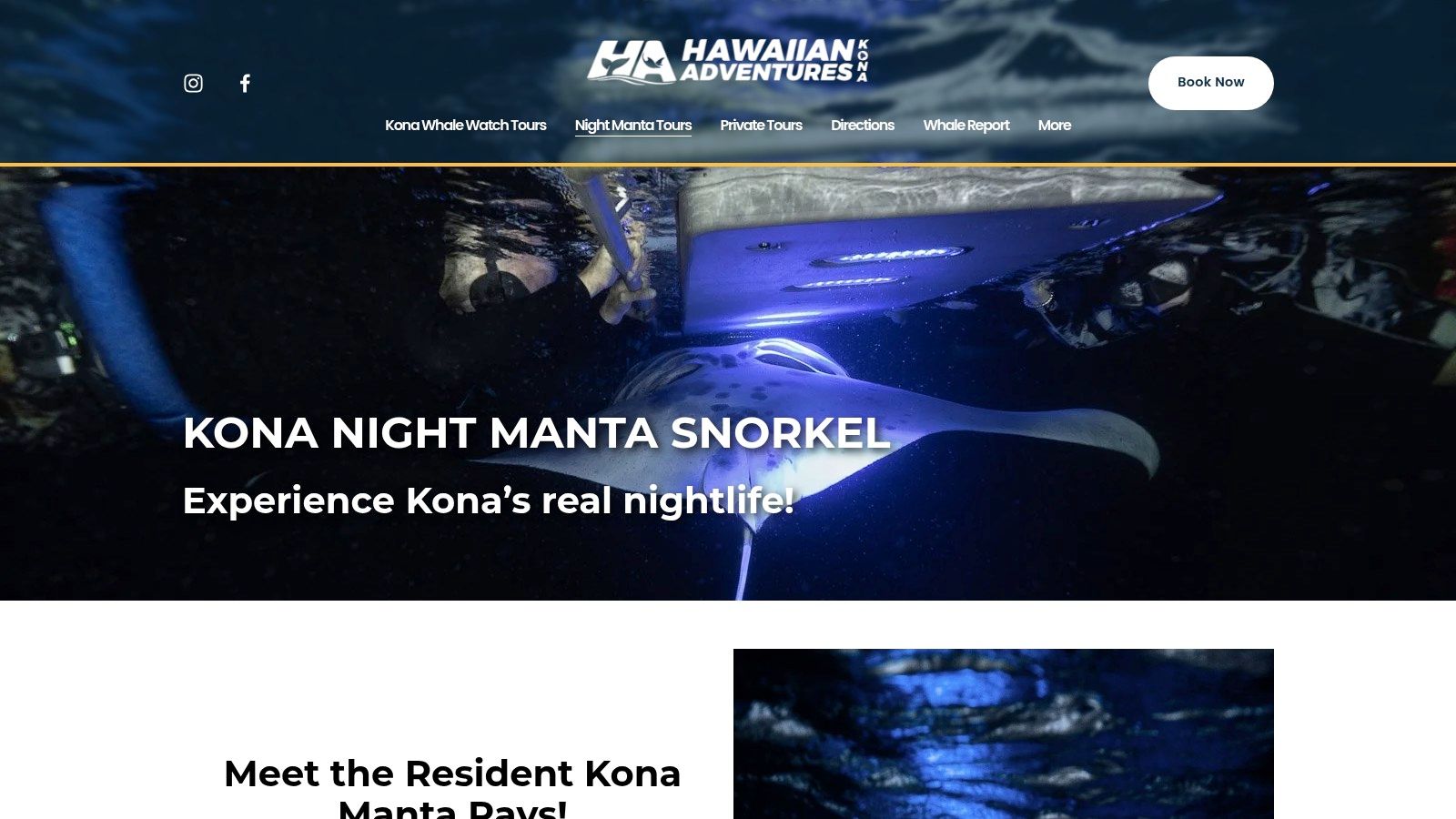Hawaiian Adventures Kona website showing their manta ray tour boat