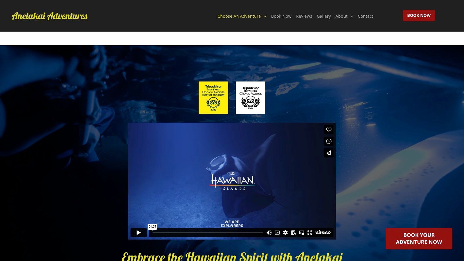 Anelakai Adventures website showing a double-hull canoe at sunset
