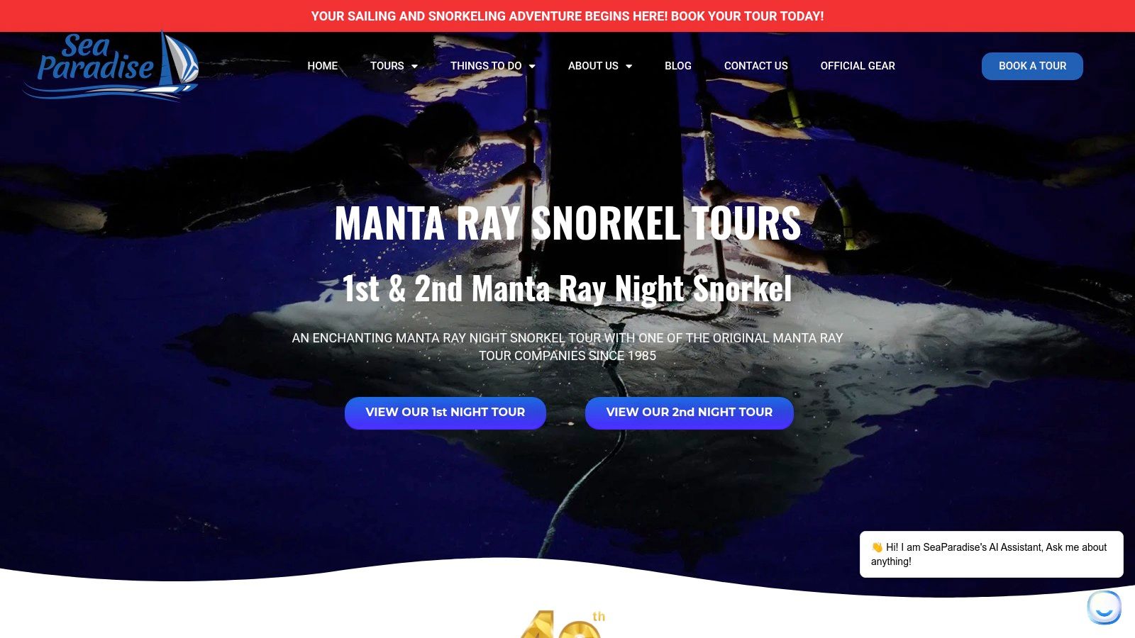 Sea Paradise website showing tour details and manta rays