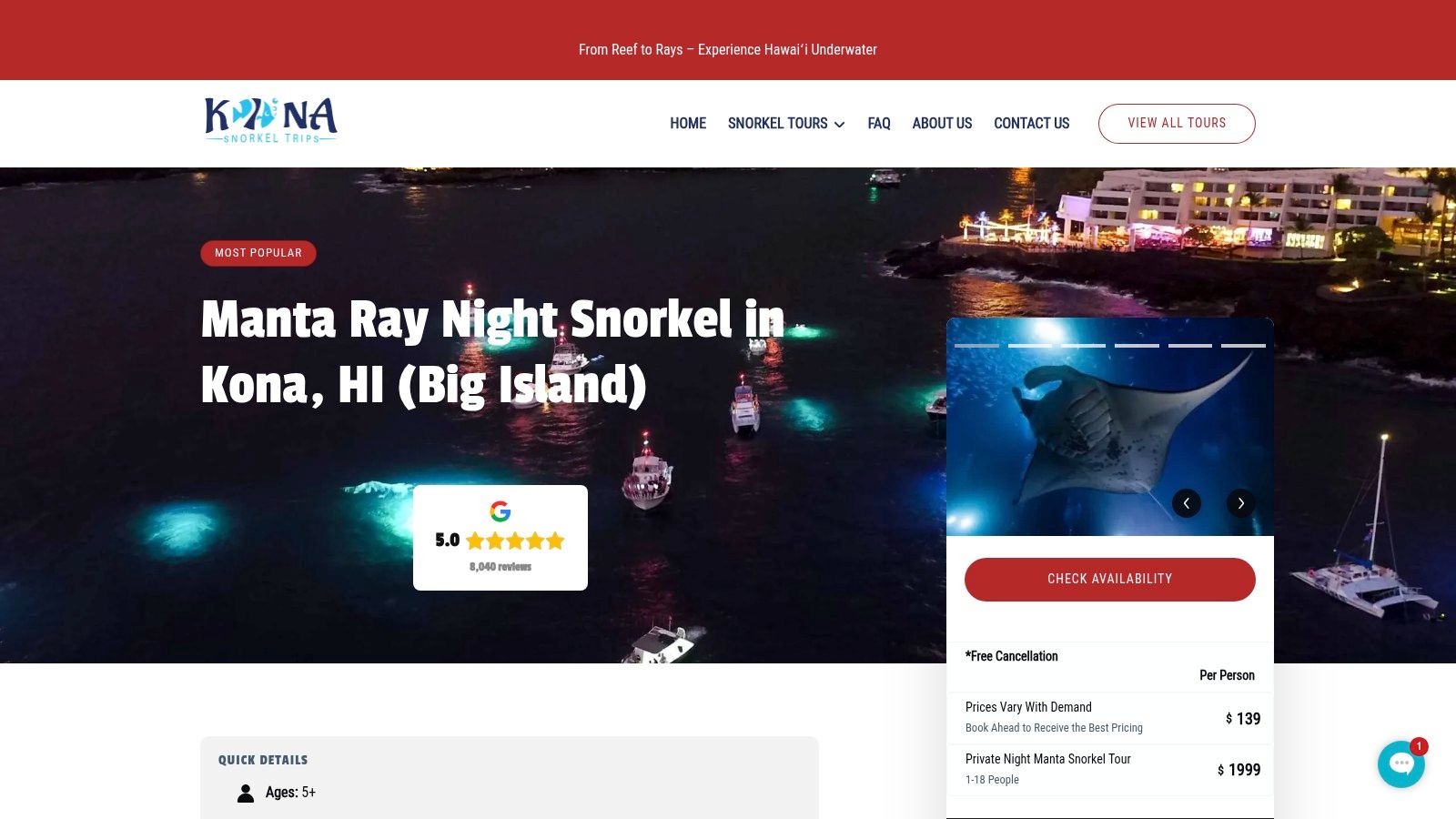 1. Manta Ray Night Snorkel in Kona, HI (Big Island) - Our Top Pick