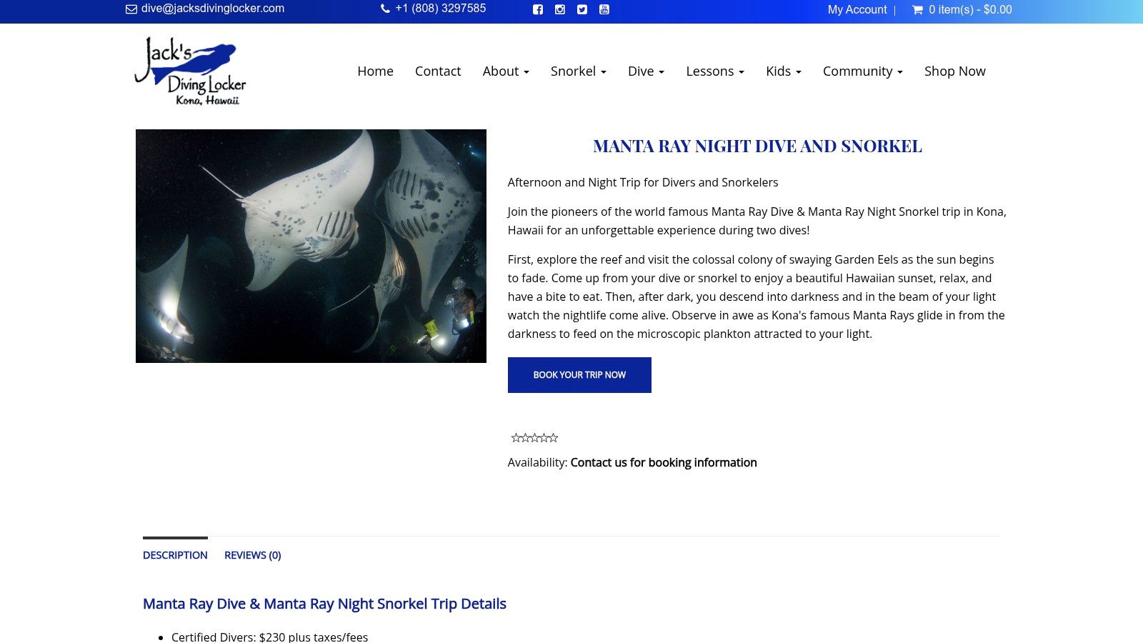 Jack’s Diving Locker website showing manta ray tour options