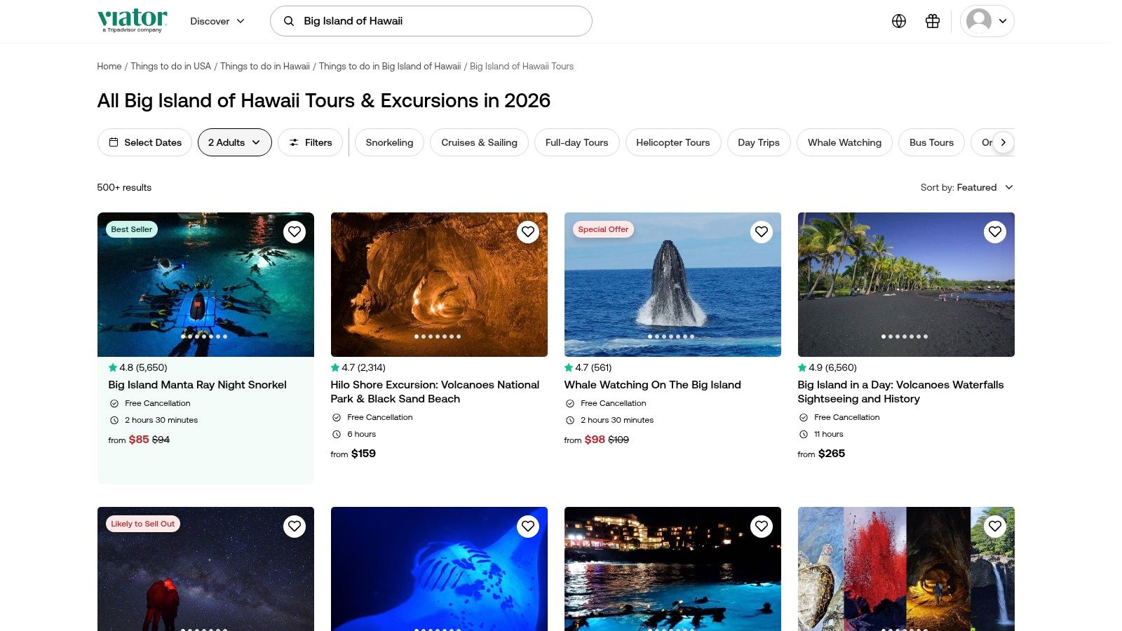 Viator listings for Big Island Kona snorkeling tours