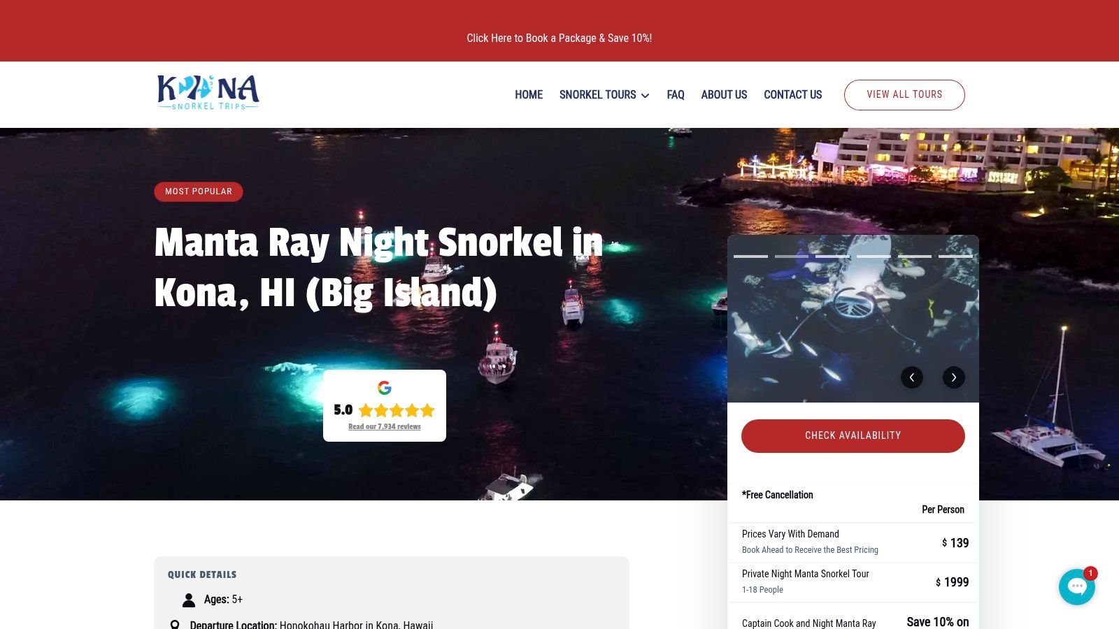 Kona Snorkel Trips' boat ready for a night manta ray snorkel tour.