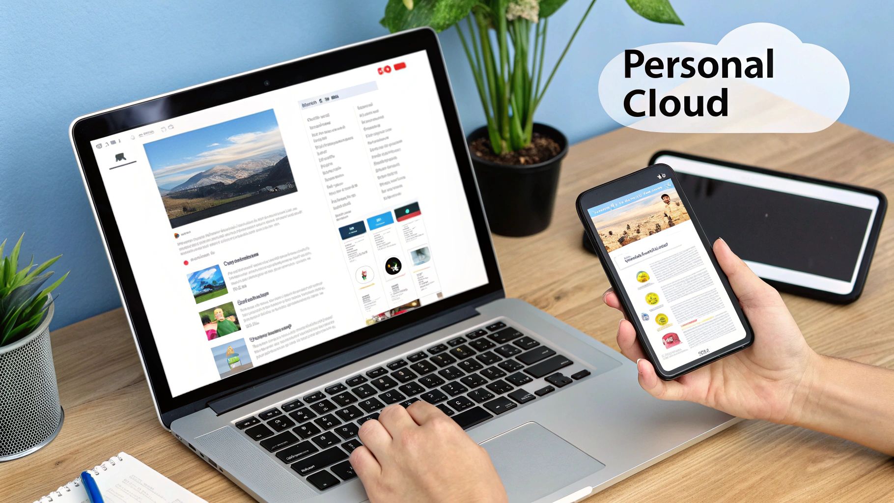 A person sitting at a desk and using a laptop with a cloud icon displayed on the screen.