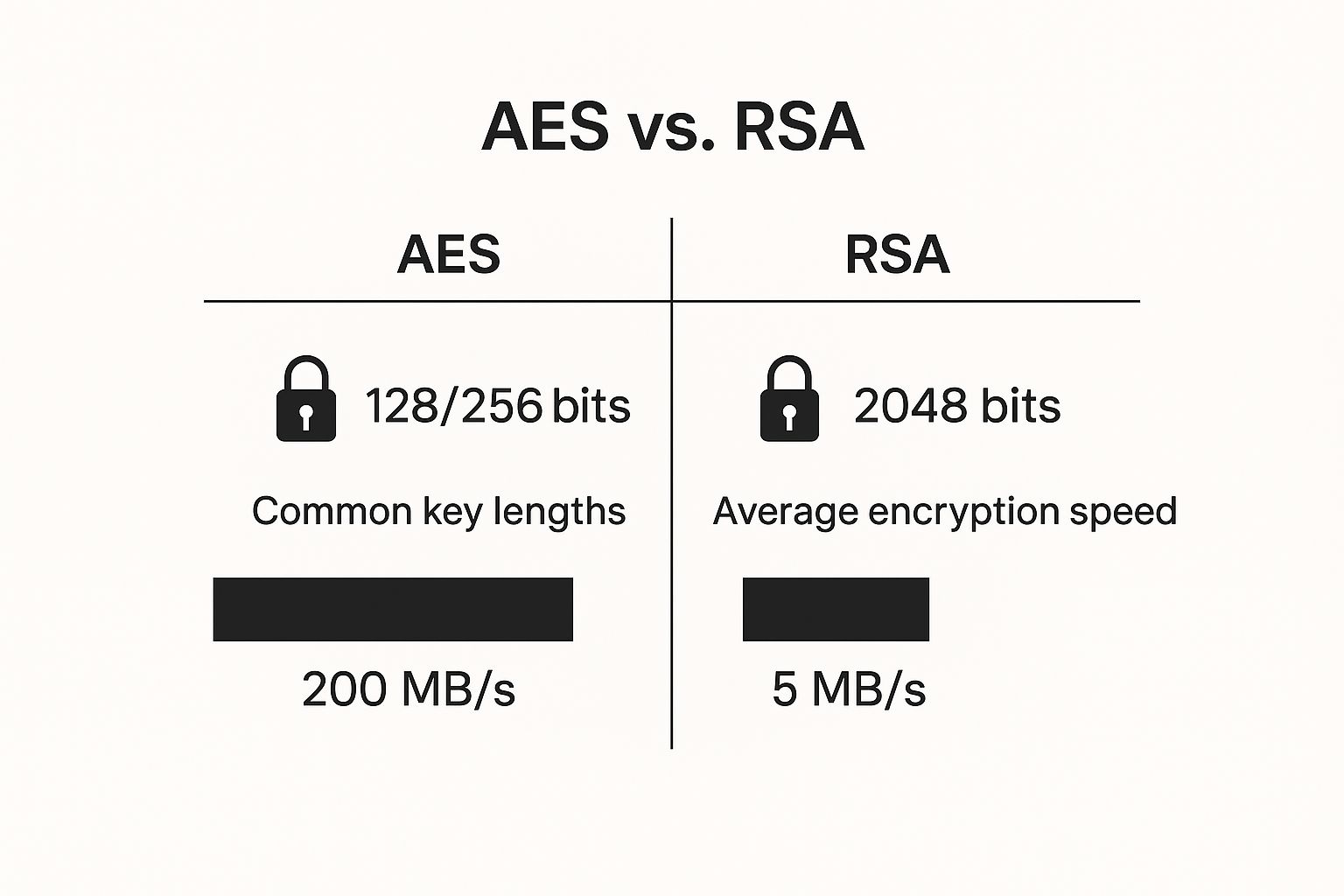 Infographic comparing AES and RSA encryption protocols, showing AES has key lengths of 128/256 bits and an average speed of 200 MB/s, while RSA has a key length of 2048 bits and an average speed of 5 MB/s.