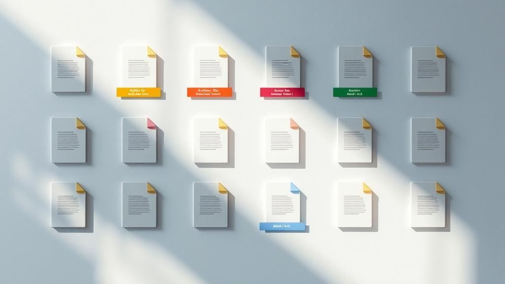 An infographic illustrating the concept of file duplication prevention with icons representing duplicate documents being identified and merged into a single authoritative file.
