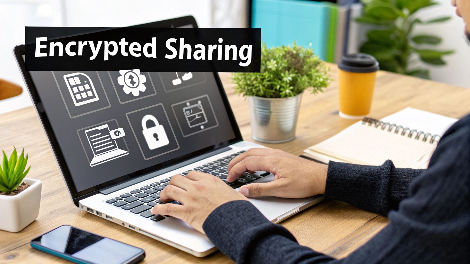 A stylized padlock icon overlaid on a digital document, symbolizing encrypted file sharing.