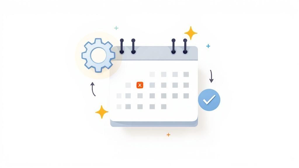 A graphic illustrating the concept of automated backup scheduling with icons for time, calendar, and data flow.