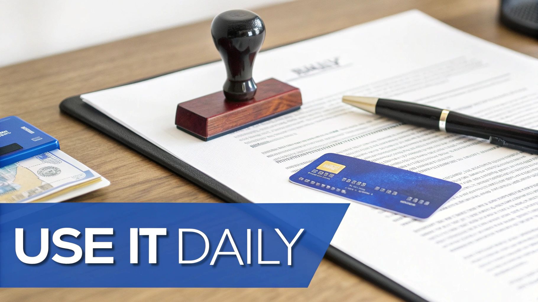 A desk with a document, a rubber stamp, a pen, a credit card, and dollar bills.