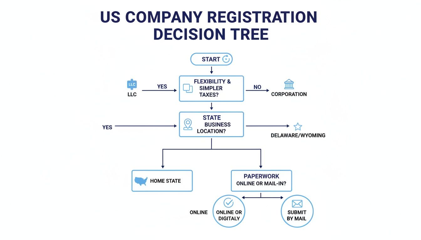 Decision tree for US company registration, outlining steps for LLC/Corporation, state selection, and submission methods.