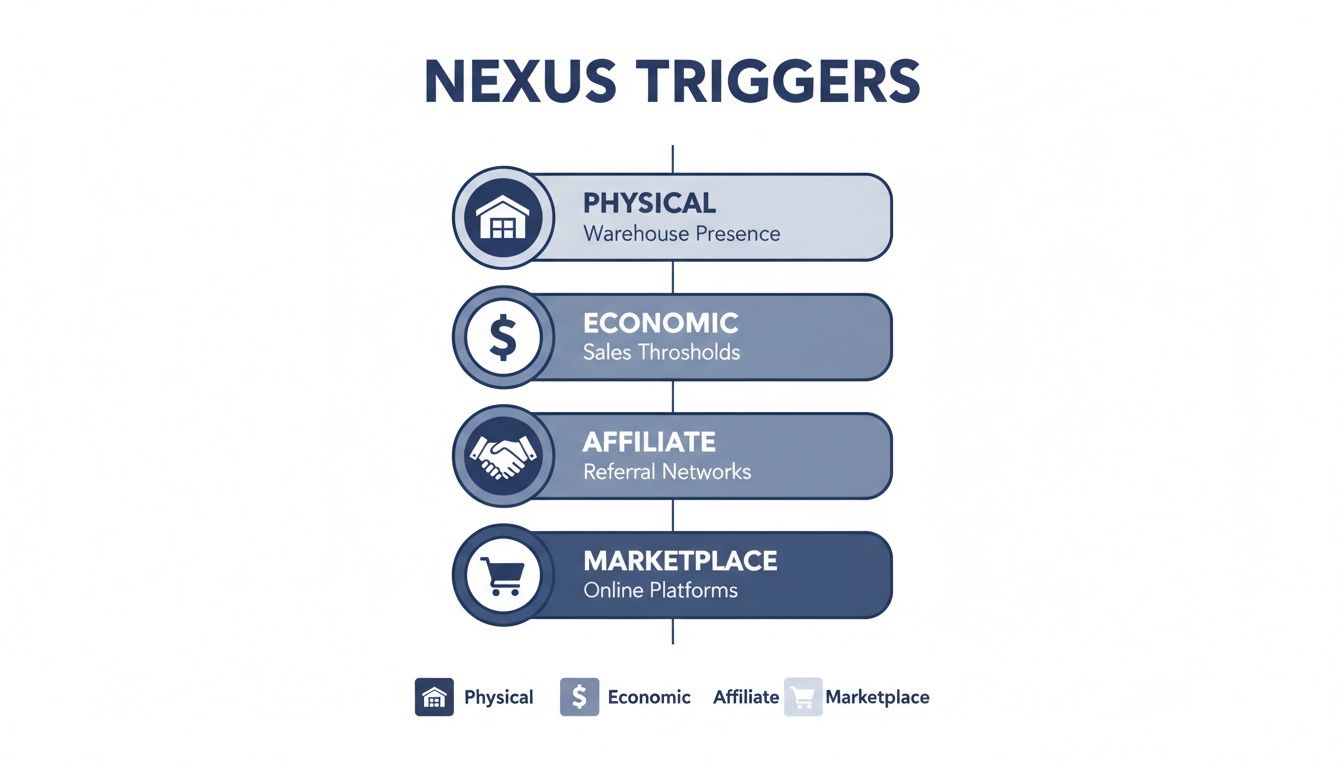 Diagram illustrating four sales tax nexus triggers: physical, economic, affiliate, and marketplace.
