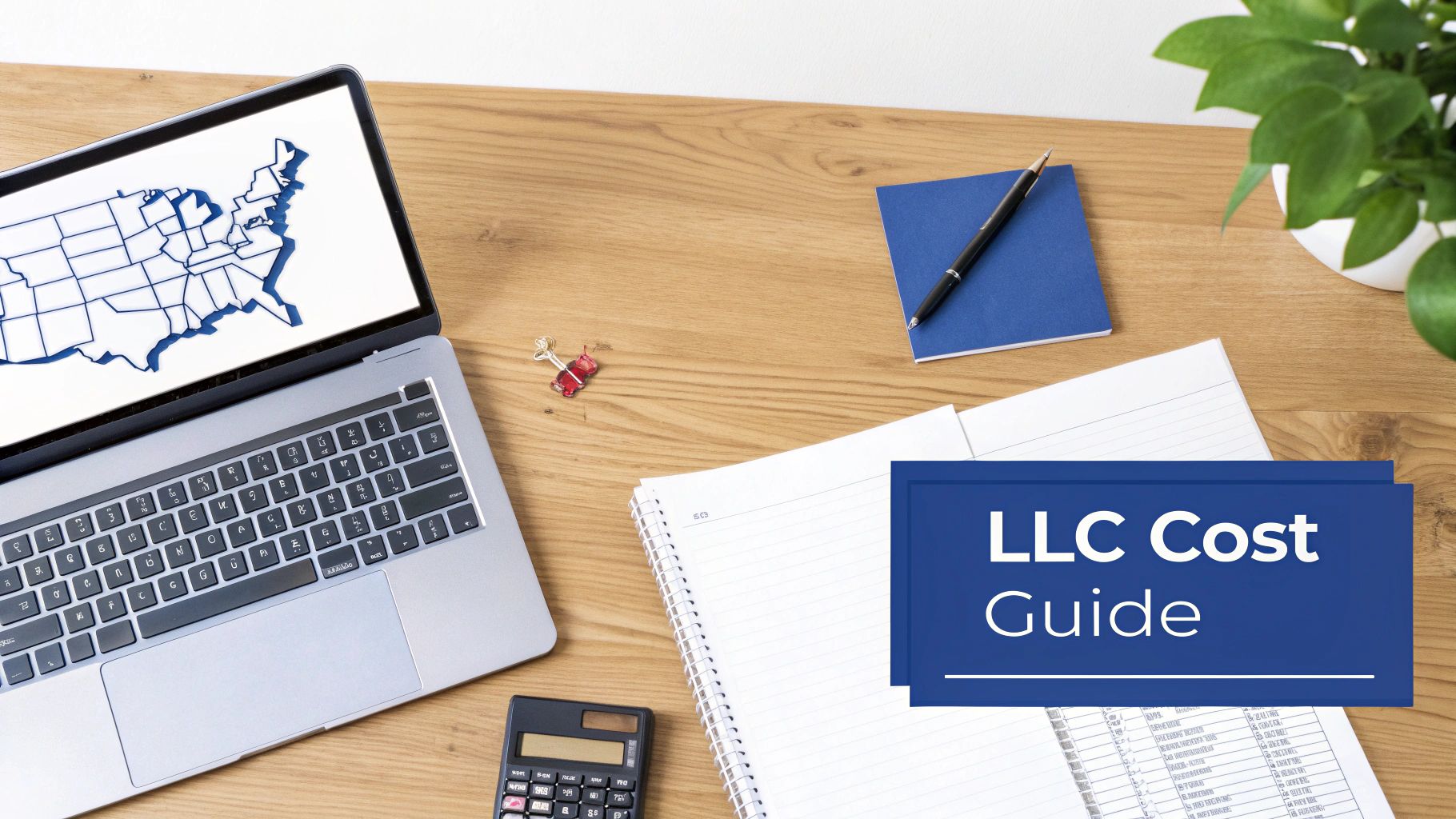 Overhead desk view with laptop showing US map, 'LLC Cost Guide' notebook, calculator, and office supplies.