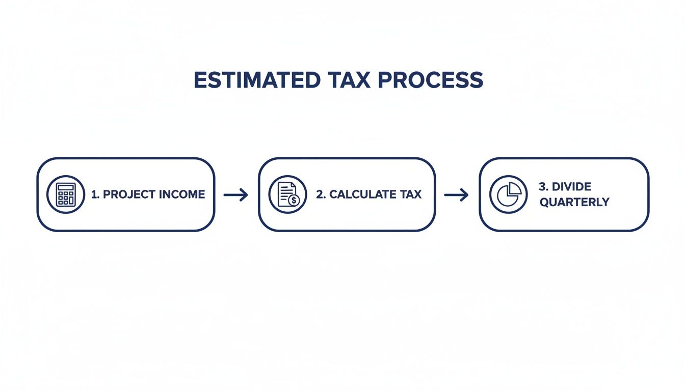A simple flowchart outlines the estimated tax process: project income, calculate tax, divide quarterly.