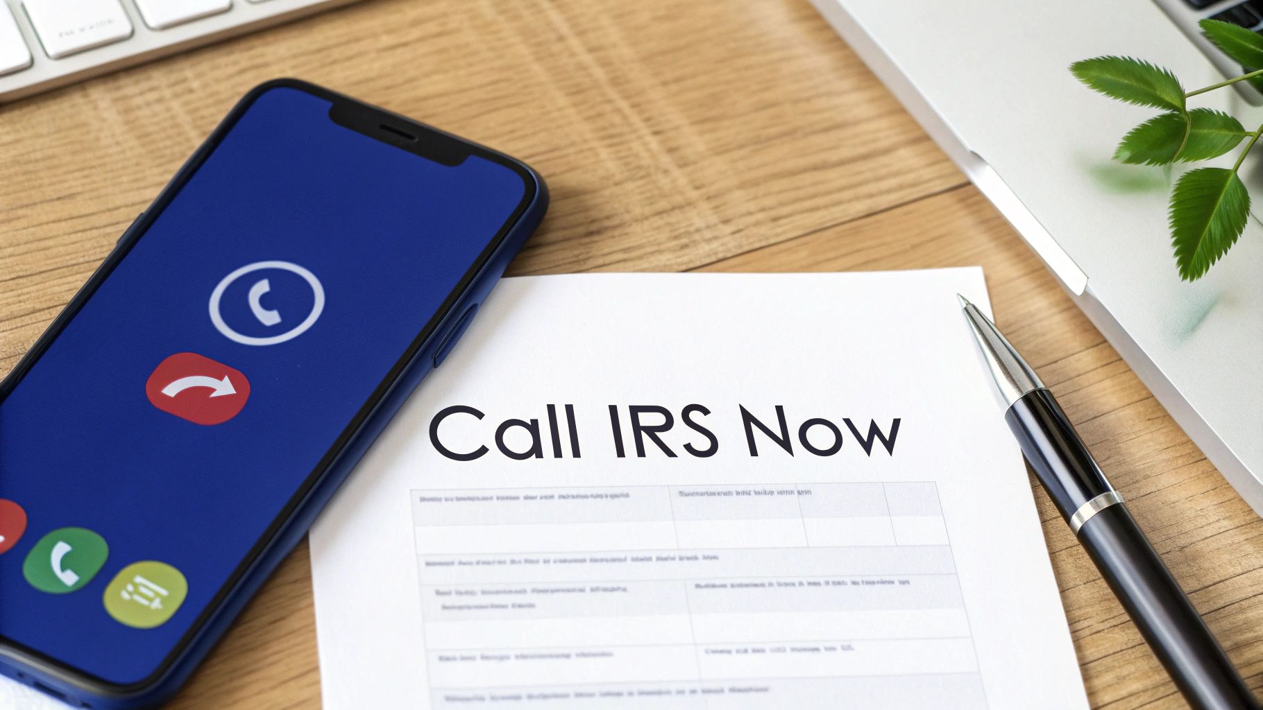 A smartphone showing a call screen next to a document reading 'Call IRS Now' and a pen.