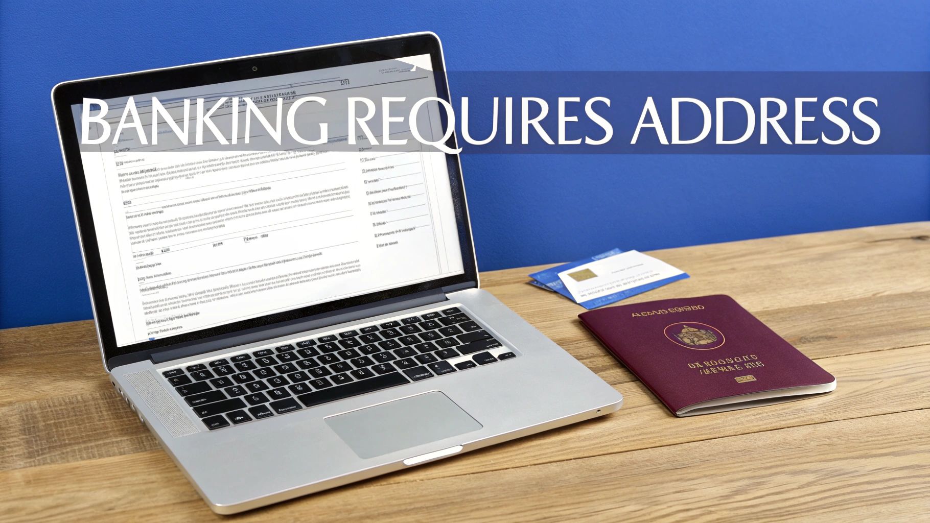 A laptop displaying an online form next to a passport and credit cards, highlighting the need for an address for banking.