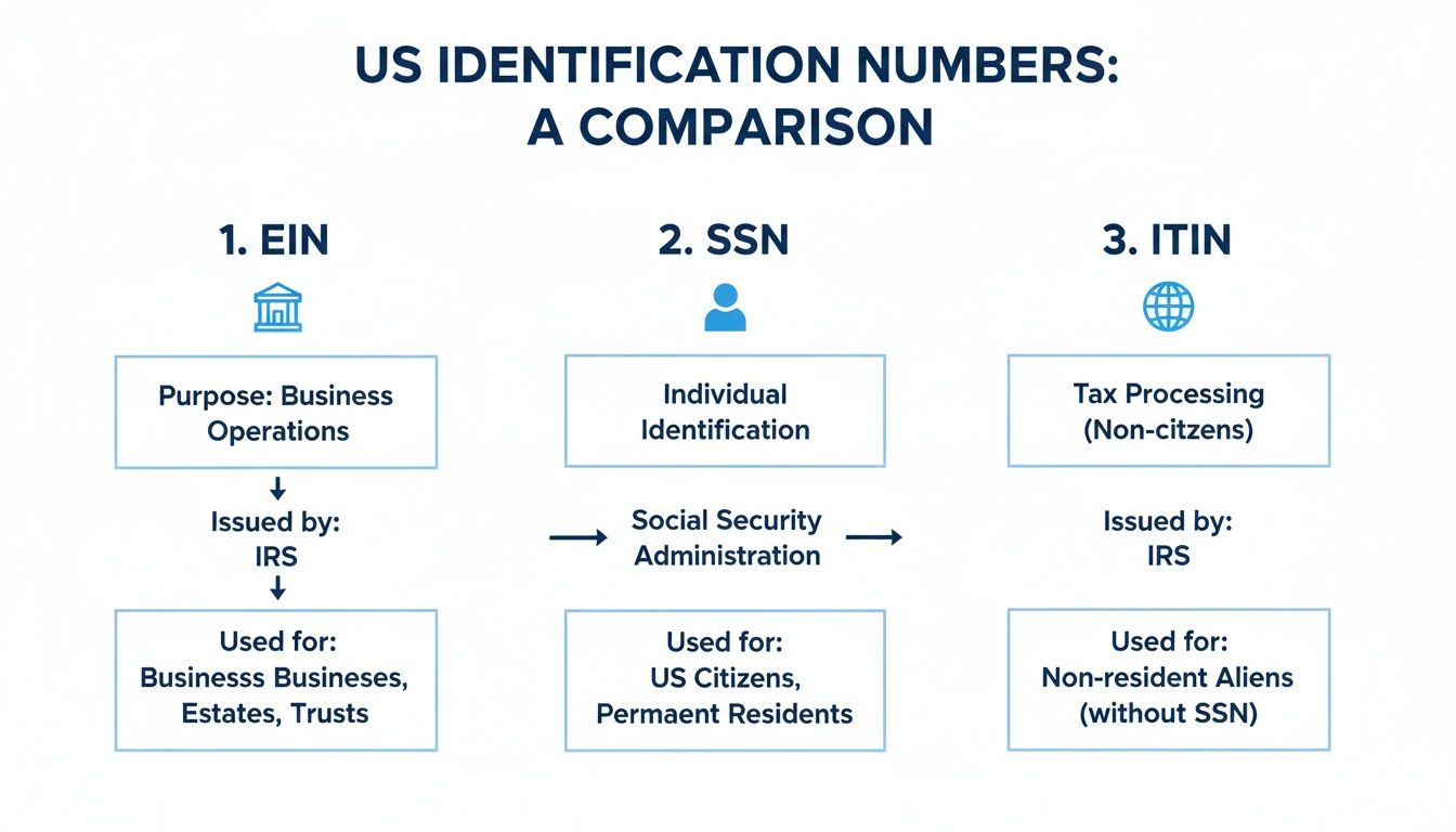 A comparison chart of US Identification Numbers: EIN, SSN, and ITIN, detailing their purpose, issuer, and usage.
