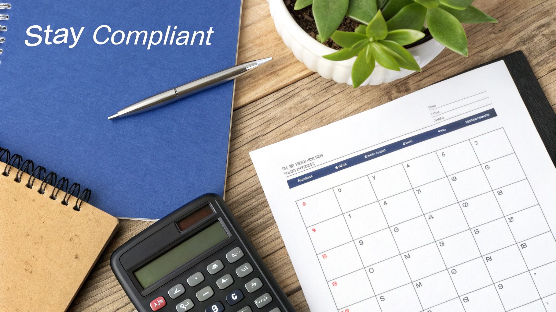 Overhead shot of a blue notebook with 'Stay Compliant', pen, calculator, calendar, and plant on a wooden desk.