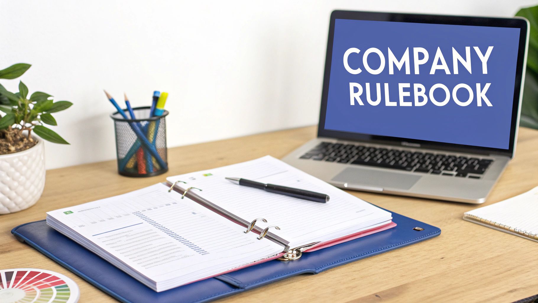 A laptop displaying 'COMPANY RULEBOOK' on a desk with an open binder and office supplies.