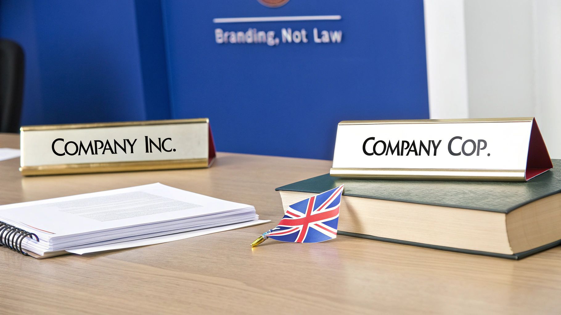 Desk with two nameplates, 'COMPANY INC.' and 'COMPANY COP.', alongside papers and a UK flag.