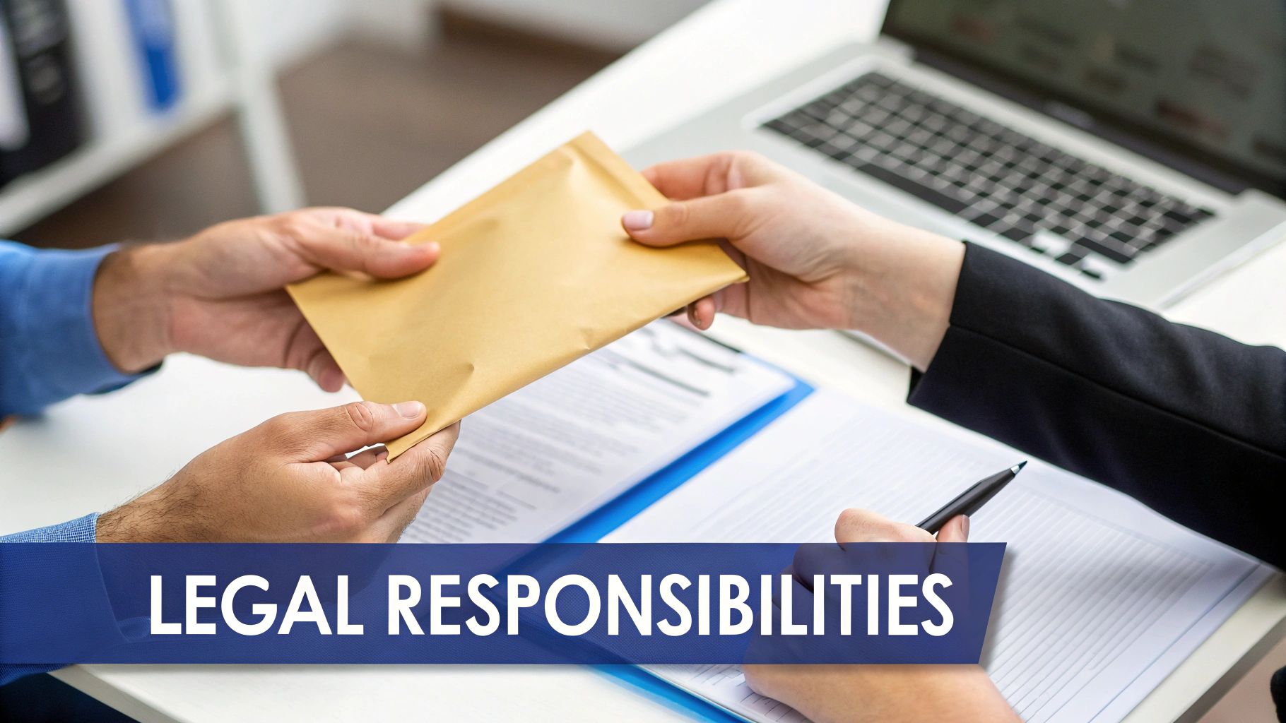 Two people exchanging a brown envelope across a desk with documents and a laptop, symbolizing a legal transaction.