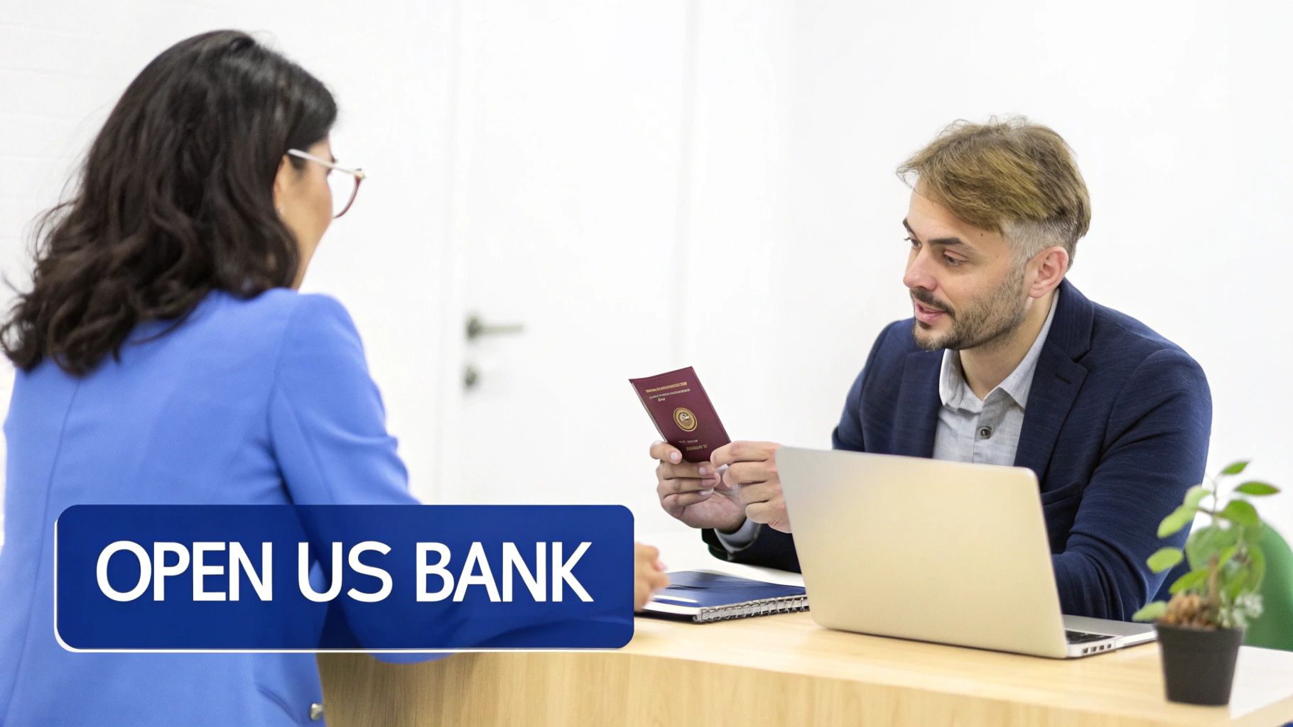 A man shows a passport-like document to a woman at a bank counter.