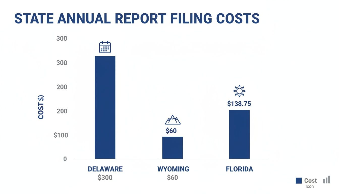 Bar chart comparing state annual report filing costs: Delaware $300, Wyoming $60, and Florida $138.75.