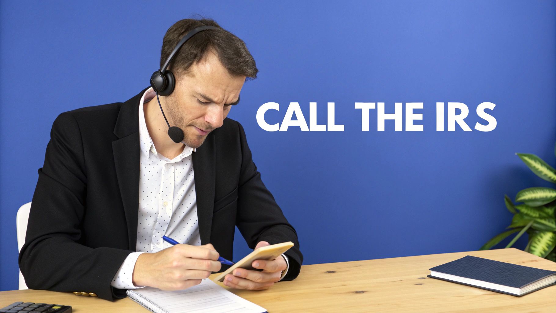 A man in a headset at a desk with a smartphone and pen, with 'CALL THE IRS' on a blue background.