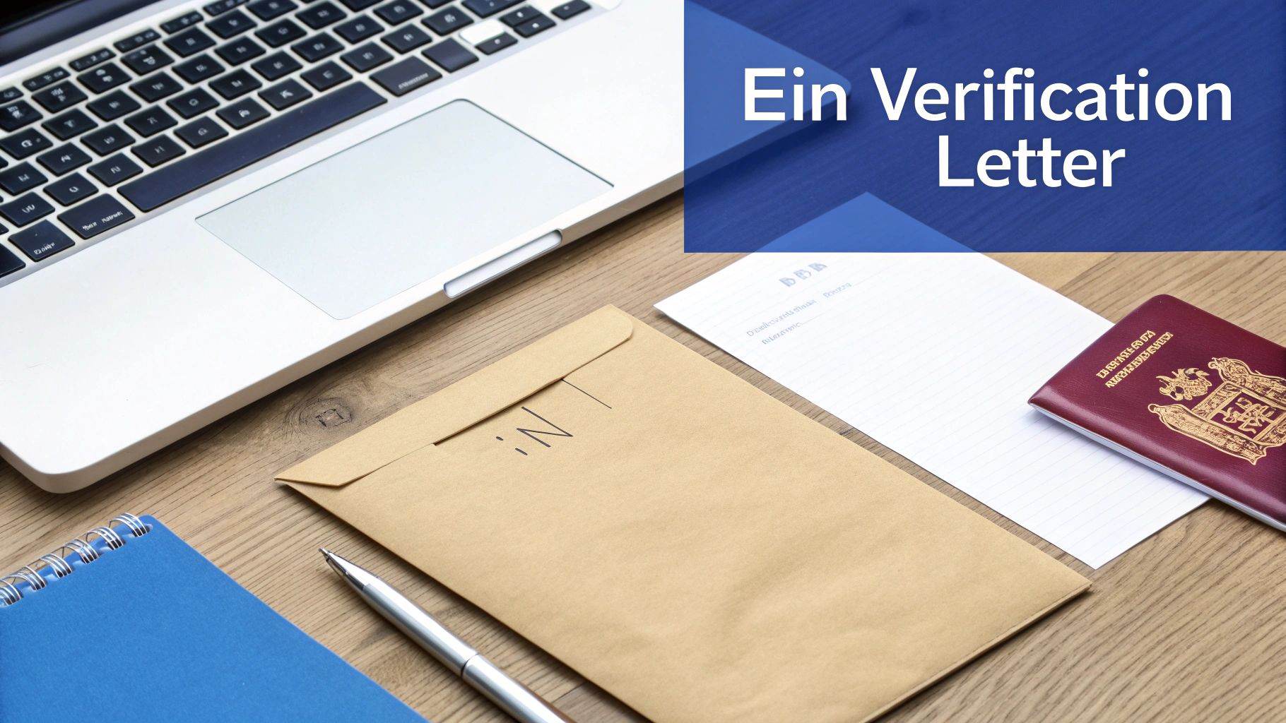 A flat lay of a laptop, envelope, passport, and stationery on a wooden desk.