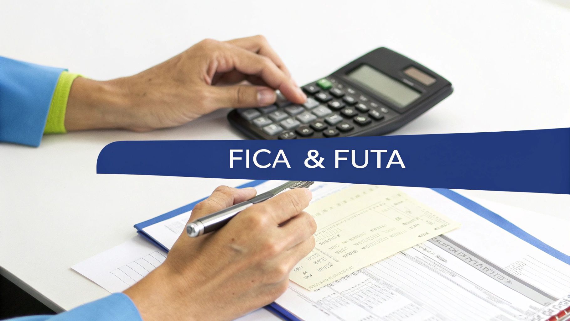 Hands calculating FICA and FUTA payroll taxes on a desk with a calculator and documents.
