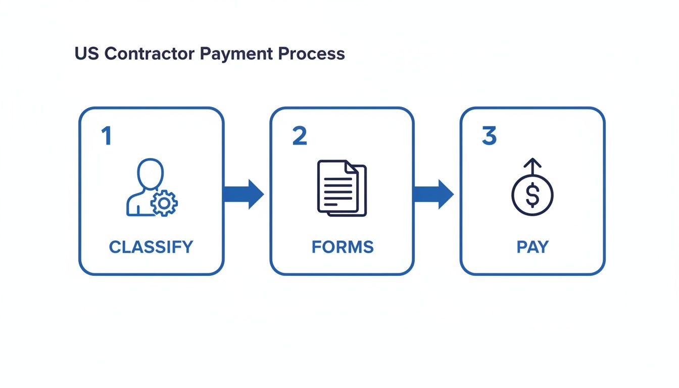 A diagram illustrating the three-step US contractor payment process: classify, forms, and pay.
