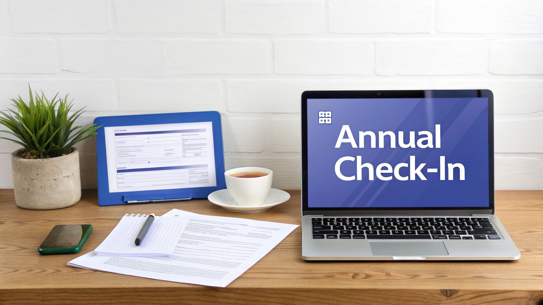 A professional workspace with a laptop displaying 'Annual Check-In', a tablet, a cup of tea, documents, and a smartphone.