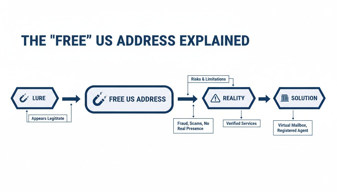 Flowchart explaining the 'free US address' lure, its risks, and real solutions like virtual mailboxes.