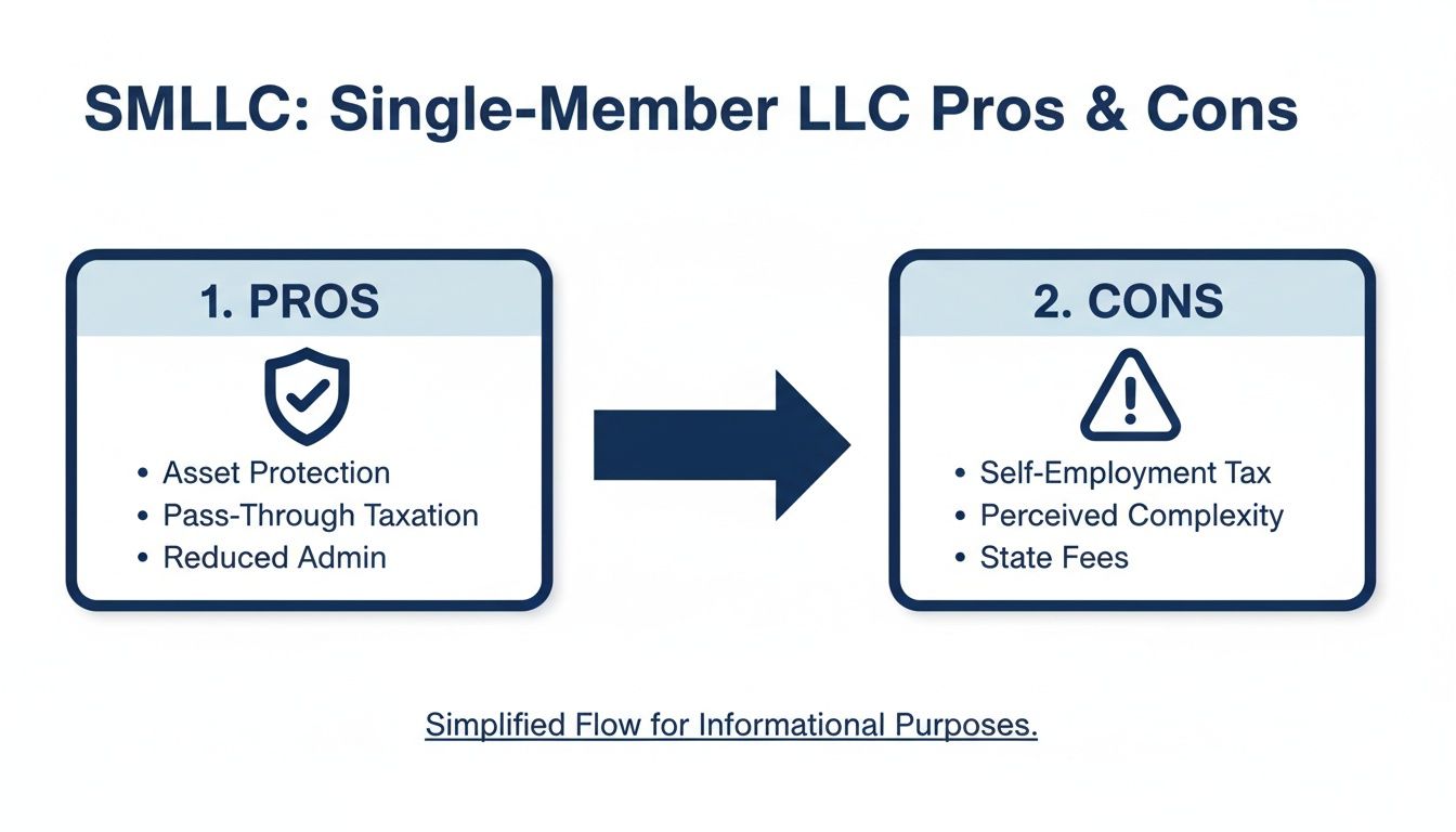 A graphic outlining the pros and cons of a Single-Member LLC, including asset protection and self-employment tax.