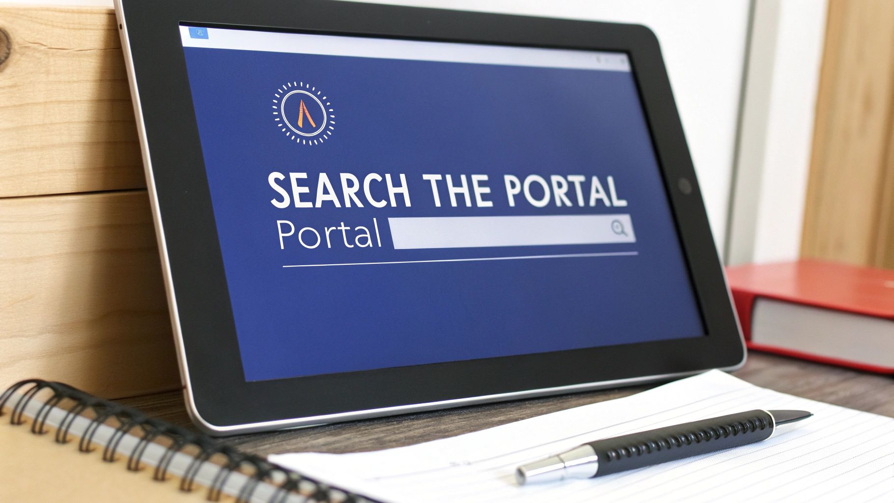 A tablet displays a blue screen with 'SEARCH THE PORTAL' and 'Portal' typed into a search bar, next to a notebook and pen.