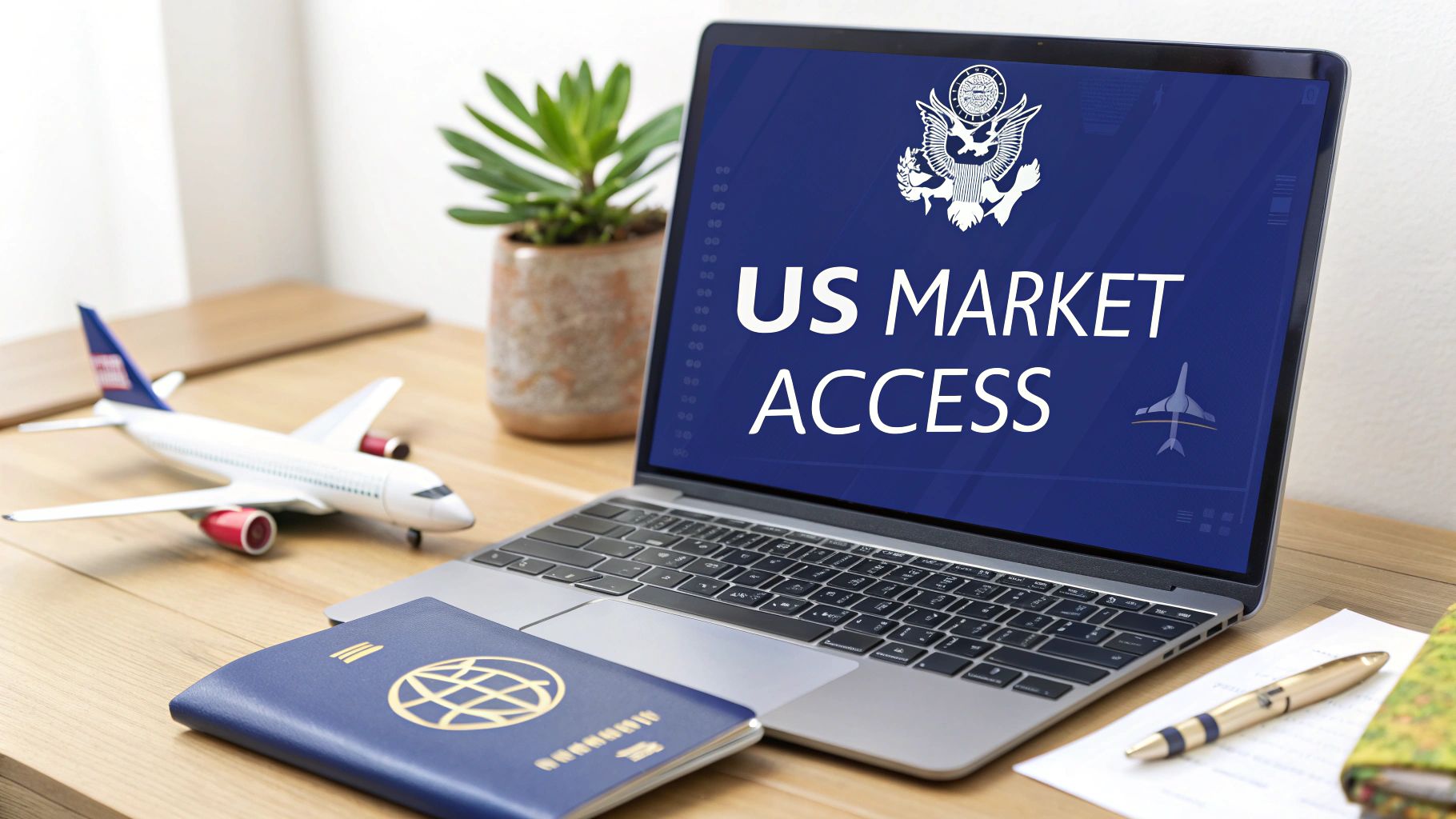 Laptop displaying 'US MARKET ACCESS' with a passport, model airplane, and pen on a desk.