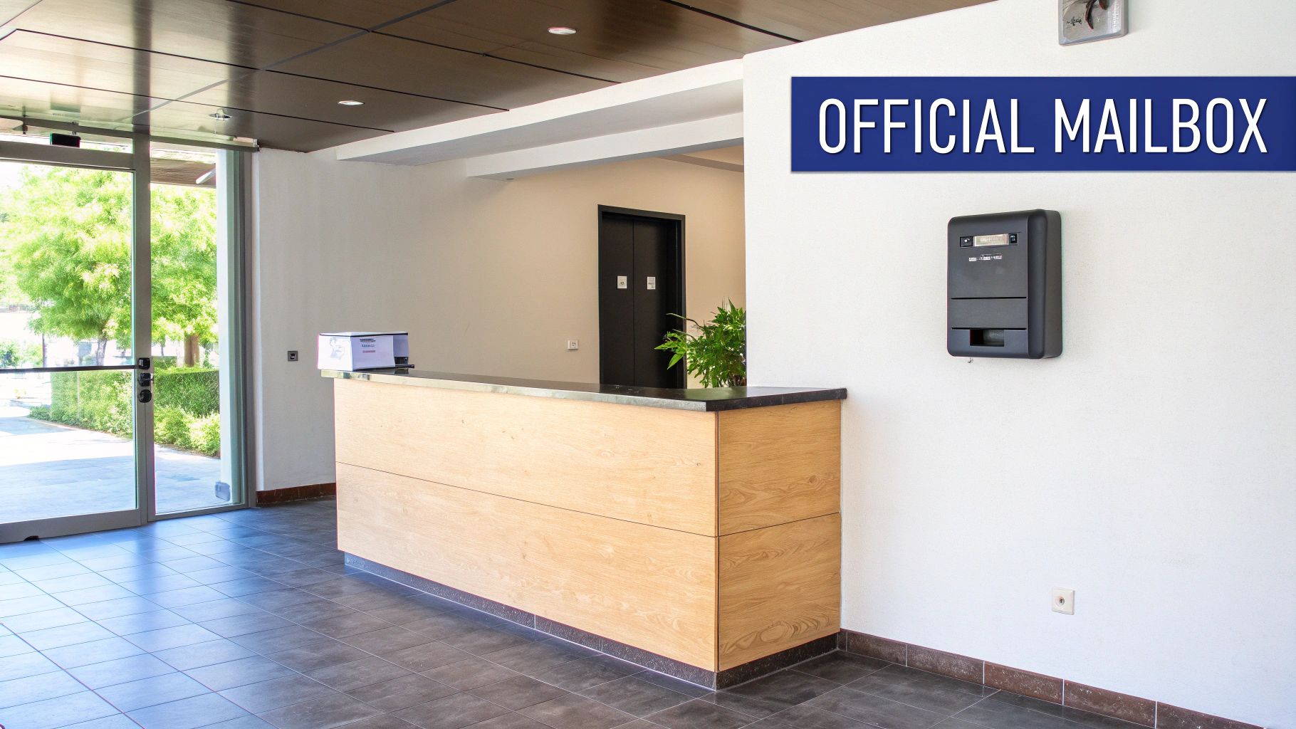 A modern lobby entrance with a wooden reception desk, a black official mailbox, and a glass door.