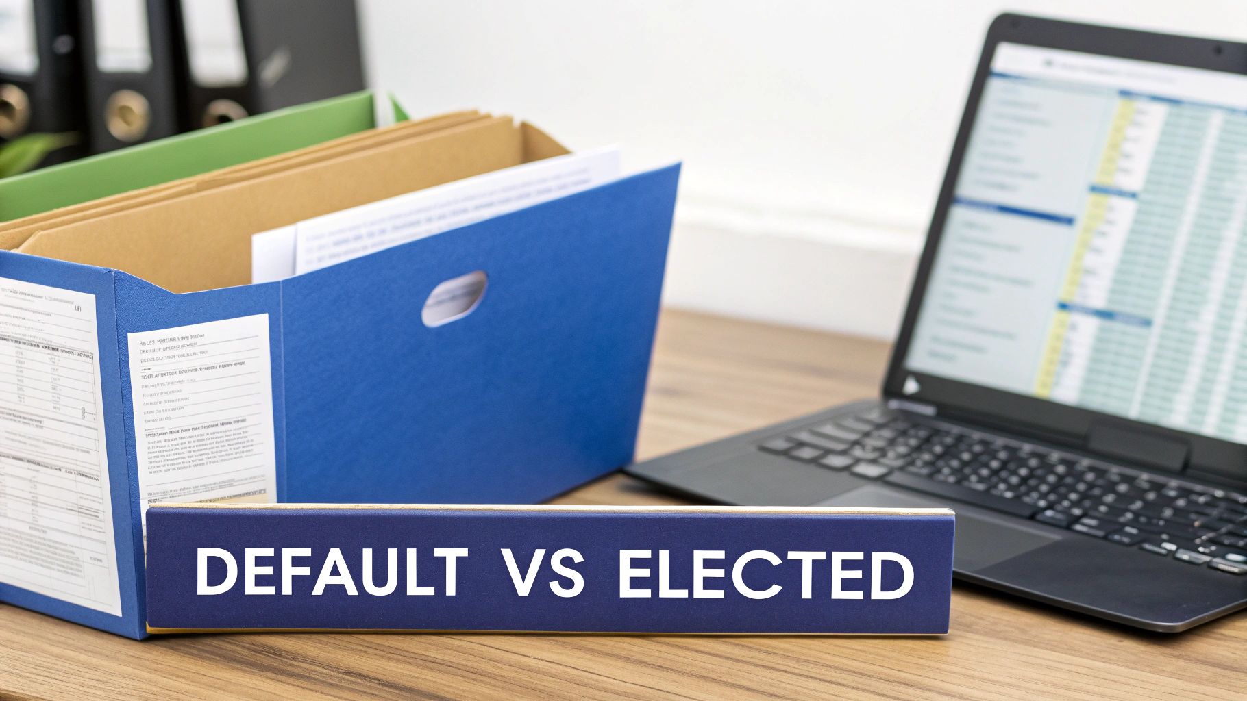 A business desk setting with a blue sign stating "DEFAULT VS ELECTED", file box, and laptop.