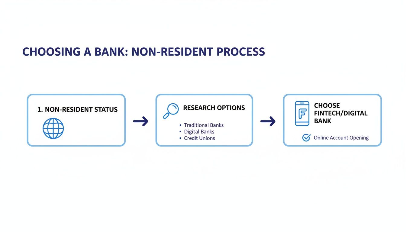 Flowchart showing steps for non-residents to choose a bank, including research and online account opening.