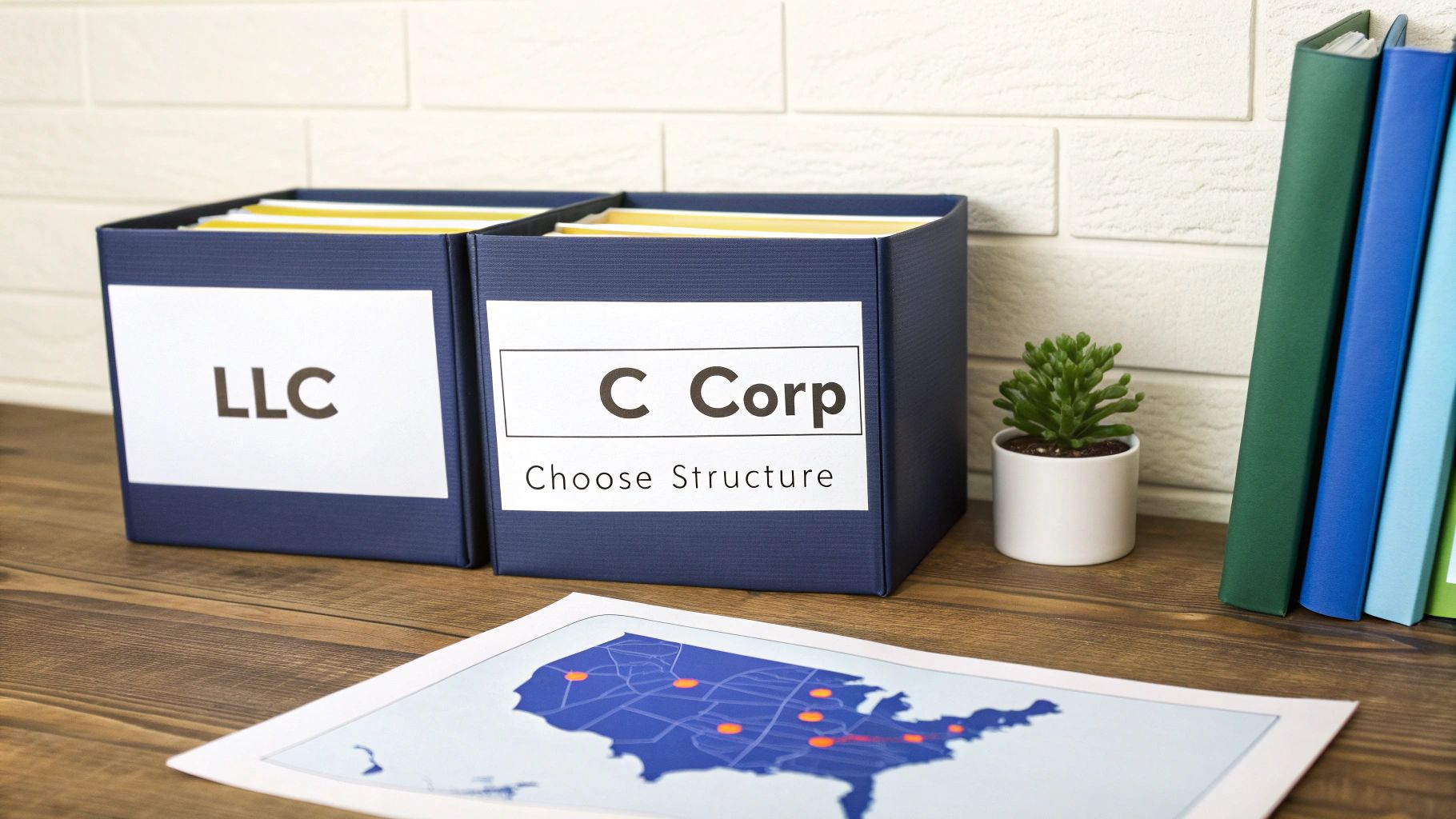 Two file boxes labeled 'LLC' and 'C Corp' for choosing a business structure, with a USA map.