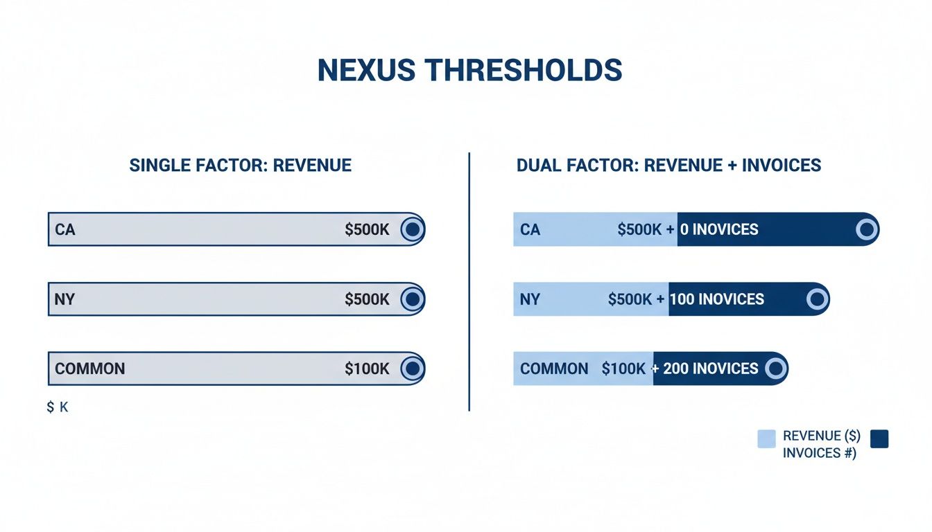 Infographic showing sales tax nexus thresholds based on revenue and invoices for various states.