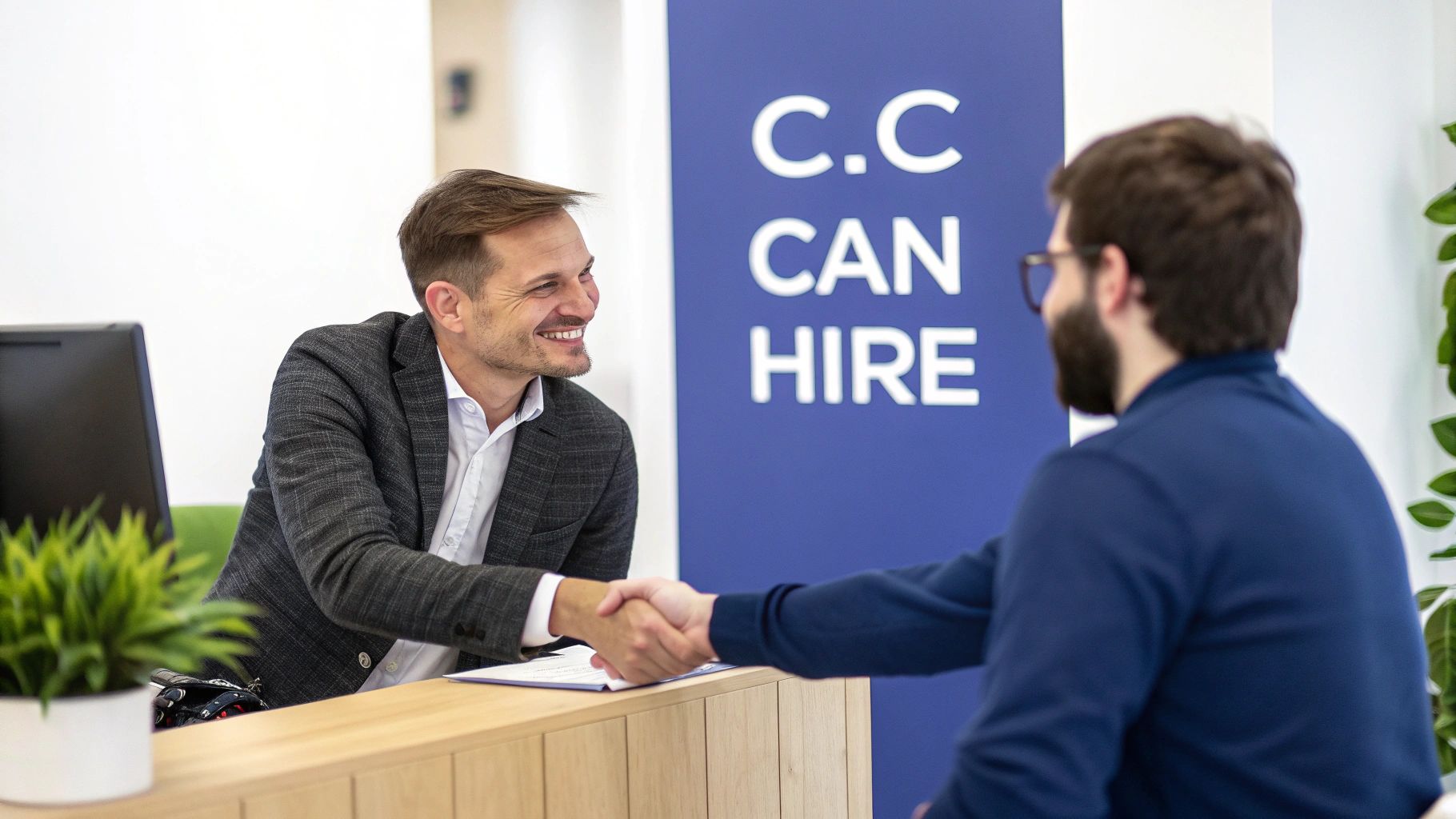 A man in a suit smiles while shaking hands with another man at a recruitment desk.