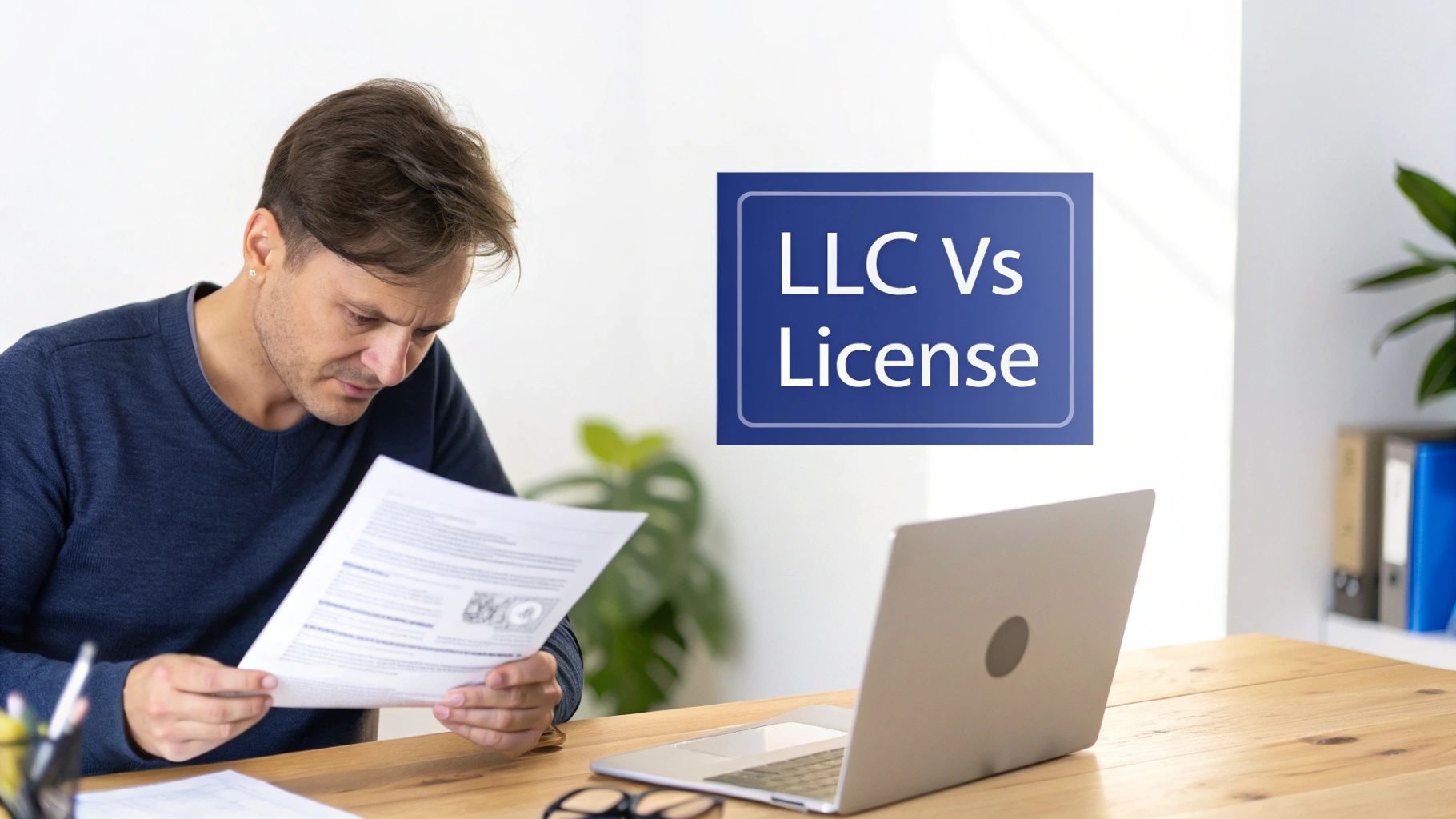 Man studies document at a desk with laptop, considering "LLC Vs License" for business.