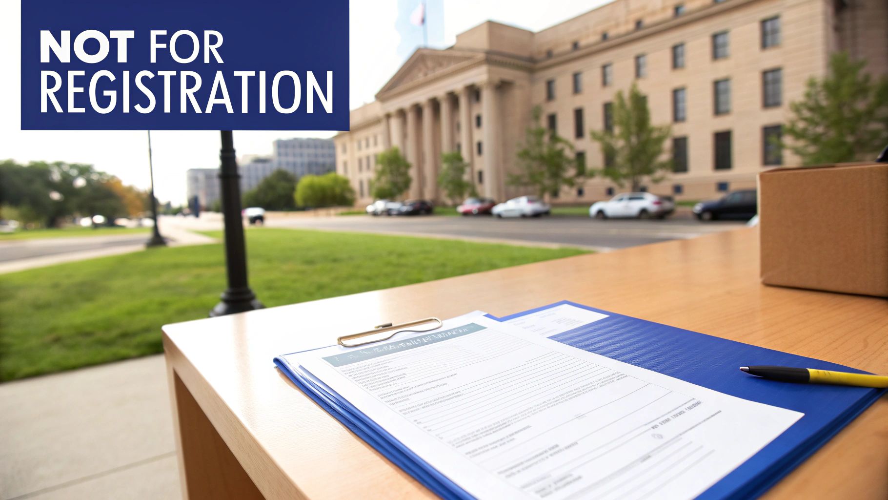 A desk with registration forms and a pen, with a sign reading 'NOT FOR REGISTRATION' in front of a government building.