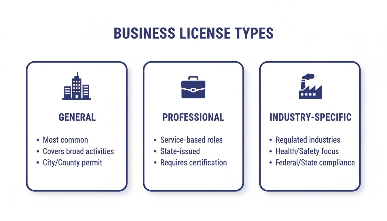 An infographic detailing three types of business licenses: General, Professional, and Industry-Specific requirements.